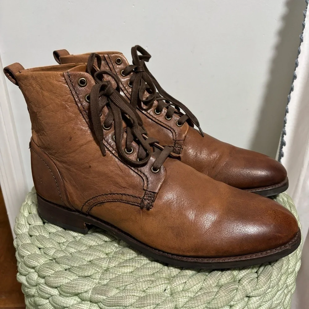 Frye Peyton Lace Up Distressed Brown Cognac Casual Dress Boots